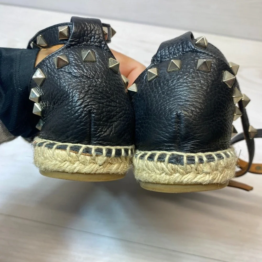 Maypol Womens 38 Espadrille Sandals Studded Ankle Strap Black Leather Flat Spain